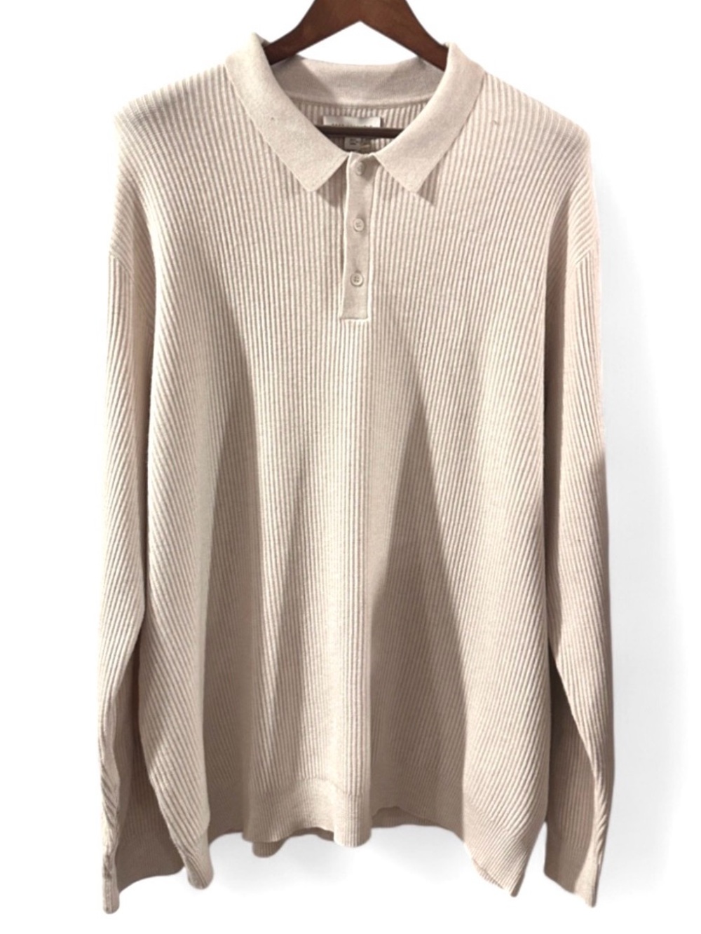 Beige Ribbed Knit Long Sleeve Polo Shirt Size Men’s XXL (NWT)